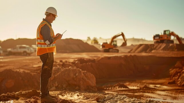 Construction Site Supervisor on Cellphone, Overseeing Heavy Equipment