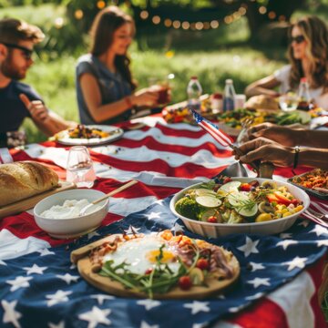 A group of people enjoying an outdoor picnic with various dishes served on an American flag themed tablecloth, celebrating a patriotic occasion perhaps in summer.