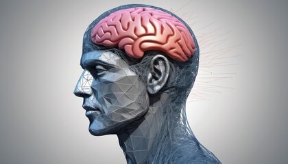 Obraz premium Male Anatomy, Power of Human Brain. Human Face Wireframe and Fractal Elements. Low Poly Design. Vector Illustration created with generative ai.