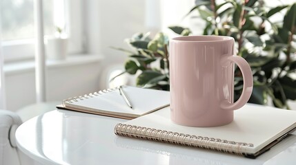 Elegant large mug in blush pink color, positioned on a clean white desk, suited for design-oriented displays with stationery and plant.