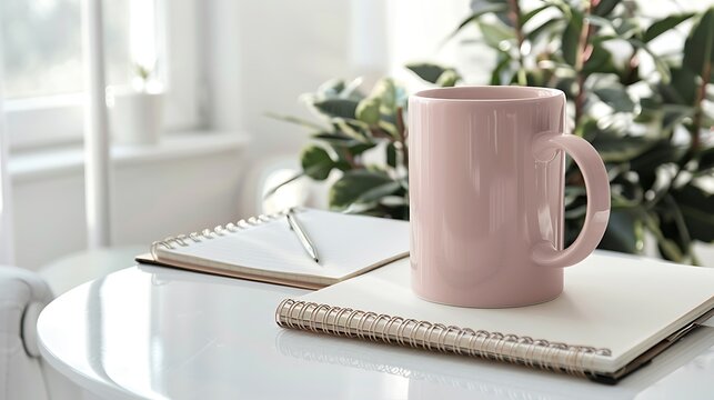 Elegant large mug in blush pink color, positioned on a clean white desk, suited for design-oriented displays with stationery and plant.