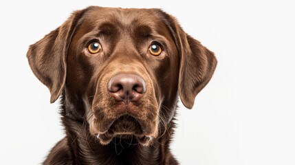 A brown dog with a brown nose and brown eyes is looking at the camera. The dog's eyes are bright and alert, and its nose is slightly raised. The dog appears to be curious or attentive