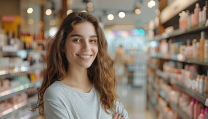 Friendly Smiling Woman in Casual Attire Inside Well-Lit Cosmetic Store