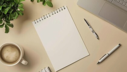 Blank Paper, Laptop, Coffee, Plant, Pens, Notebook on Beige Desk, Peaceful Workspace, Mockup, Copy Space