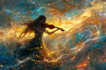 Naklejka premium The violinist performs in a fantastic dreamscape, with swirling colors and ethereal light against a backdrop of a beautiful surreal starry sky and clouds