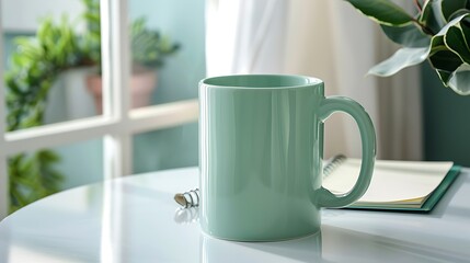 Mint green mug on a glossy white table with a notepad and Ficus Lyrate Compacta, ideal for simple interiors.