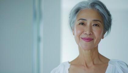 Beautiful Radiant 60-Year-Old Asian Woman with Silver Hair Exuding Elegance and Vitality with Wide Smile Standing in White Blouse Against Background of White Bathroom with Copy Space