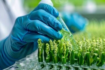 Biotechnological research and new plant species, close-up of plants in test tubes, cultivation of genetically modified plants in laboratory conditions.