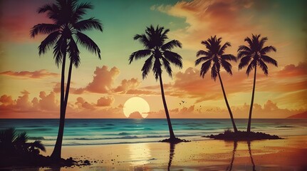 Artistic summer collage with palm trees and beach scenery in sunset hues.generative.ai