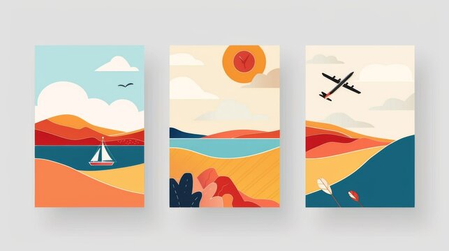 A series of abstract artworks depicting sailboats and airplanes navigating vibrant, colorful landscapes at different times of the day, reflecting a sense of adventure.