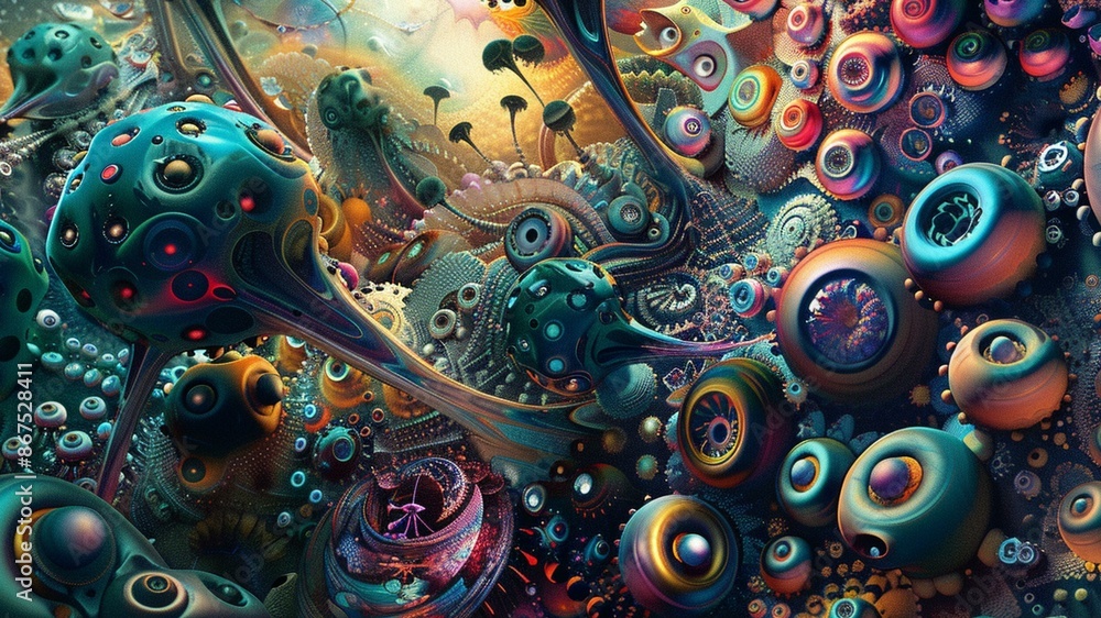 Poster abstract digital art objects on a vibrant background, creating a modern and stylish look.