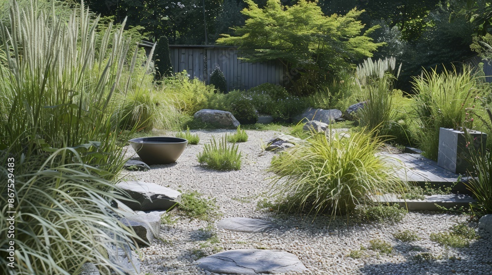 Sticker the role of grasses in traditional landscapes, such as japanese zen gardens, highlights their aesthe