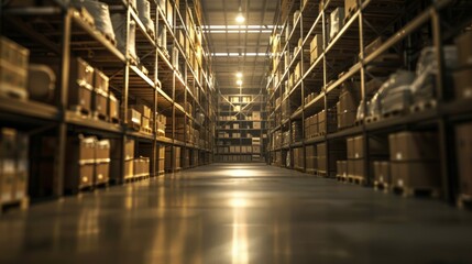 Industrial Warehouse Interior with Rows of Shelves and Storage Containers