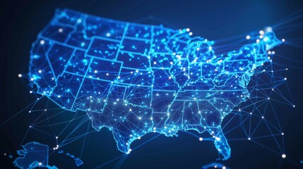 A detailed, futuristic digital map of the continental United States illuminated with interconnected blue lights highlighting various regions and nodes.
