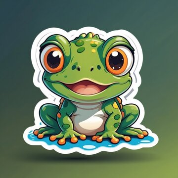 recommend clip art: Sticker of a cute baby frog on a leaf. 3D cartoon style, isolated on a simple background.
