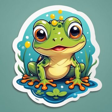 recommend clip art: Sticker of a cute baby frog on a leaf with water bubbles. 3D cartoon style, isolated on a simple background.