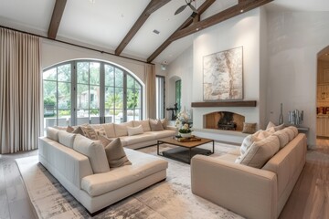 Fototapeta premium Modern Living Room with Large Windows, White Sofa, and Fireplace