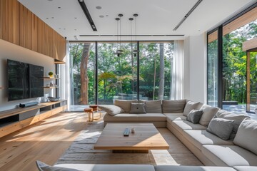 Fototapeta premium Modern Living Room with Large Windows and Contemporary Furniture