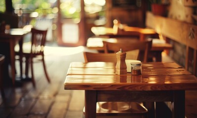 Wooden Table with Salt and Pepper Shakers in a Cozy Cafe