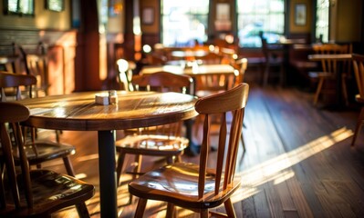 Wooden Restaurant Interior: Empty Dining Tables and Chairs in a Sunlit Space