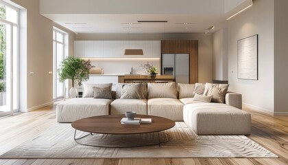 Fototapeta premium Modern Living Room with White Sofa, Wooden Accents, and Large Rug