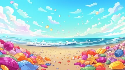 Vibrant beach scene with colorful seashells, blue ocean and sky. Ideal background for summer, vacation, travel, and nature themes.