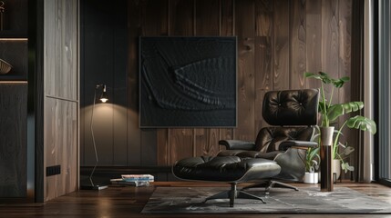 Modern Living Room with Leather Armchair, Wooden Wall, and Abstract Art