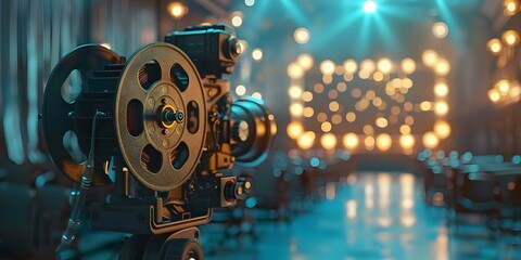 Retro cinema banner with classic film reels and projector for vintage ambiance. Concept Retro Cinema, Classic Film Reels, Vintage Ambiance, Movie Projector, Nostalgic Decor
