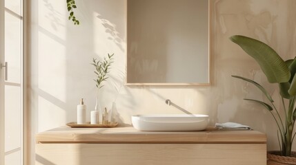 Modern Bathroom Sink with Wooden Countertop and Plant