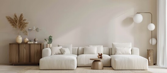 Modern Living Room Decor: White Sofa, Minimalist Coffee Table, Abstract Art, Hanging Light Fixture, Plant, and Wall Decor