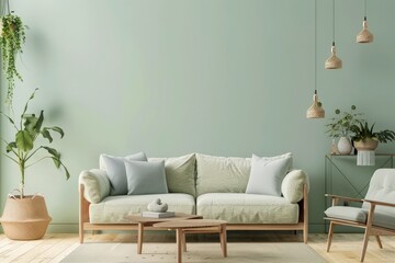 Modern Living Room Decor: Light Blue Wall, Wooden Sofa, Cushions, Coffee Table, Hanging Light Fixtures, Potted Plant, Minimalist Style