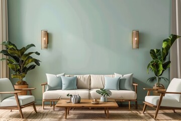 Modern Living Room Decor: Minimalist Sofa with Two Pillows, Wooden Coffee Table, and Two Potted Plants on a Light Green Wall with Wall Sconces