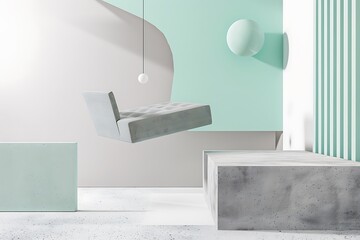 Figure shouting in minimalist air suspension, mint and grey background, hinting at deals.