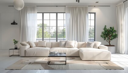 Fototapeta premium Modern Living Room with Large Windows and White Furniture