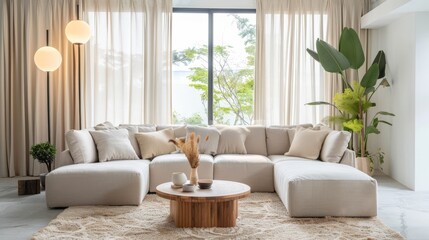 Modern Living Room with White Sofa, Wooden Coffee Table, and Large Window