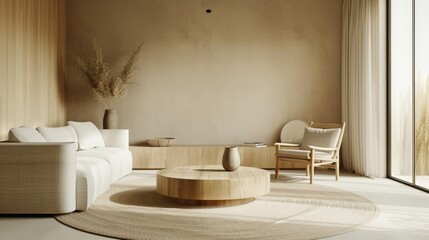 Modern Living Room with Minimalist Decor, Wooden Furniture, and Large Windows