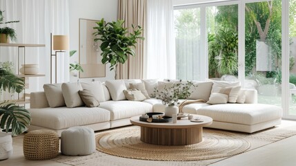 Modern Living Room with White Sofa, Round Coffee Table, and Large Windows