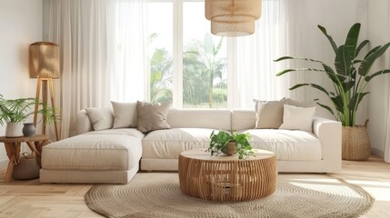 Modern Living Room with Wicker Ottoman, Green Plants, and Large Windows