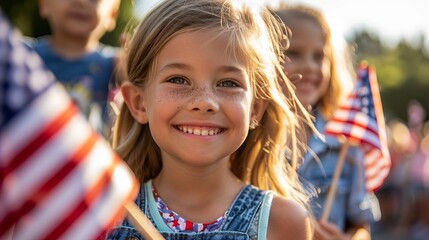 Happy family holding American flags, close-up shot, enjoying a parade, capturing patriotic pride and community joy.