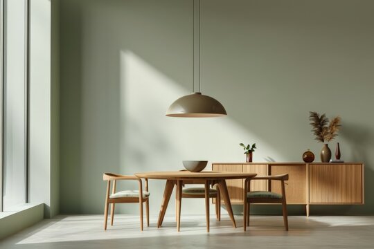 Fototapeta Modern Scandinavian Dining Room with Wooden Table and Chairs, Hanging Light, and Minimalist Decor