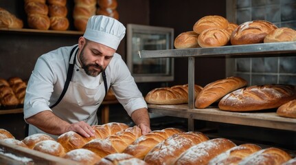 Concentrated man baker standing at bakery near bread