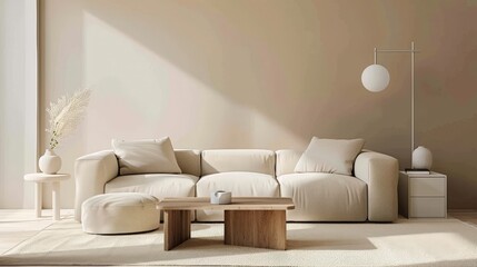Modern Living Room Decor: Minimalist Cream Sofa, Wooden Coffee Table, and Abstract Art on Beige Wall