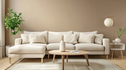 Modern Living Room Scene with White Sofa, Wooden Coffee Table, and Potted Plant