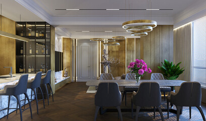 3D visualization of modern dining room interior. Interior design of modern interior. Modern style in the interior