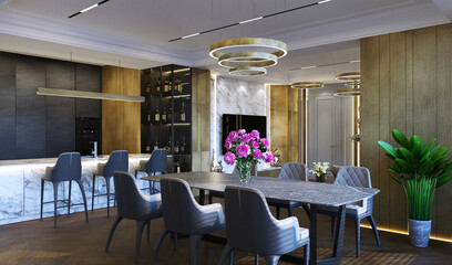 3D visualization of modern dining room interior. Interior design of modern interior. Modern style in the interior