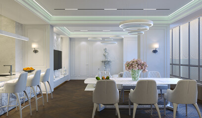 3D visualization of modern dining room interior. Interior design of modern interior. Modern style in the interior