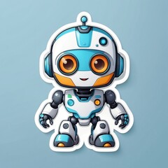 Sticker of an adorable baby robot in 3D cartoon style with dynamic colors, isolated on a simple background.