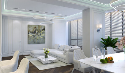 Modern Interior Design. Living room area, modern sofa. 3D visualization of living room with corner sofa