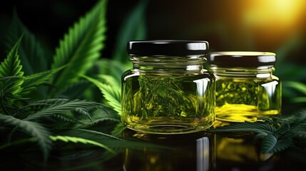 Cannabis CBD oil extracts in jars herb and leaves realistic