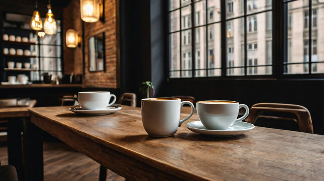 Coffee cup and coffee beans roating on the wooden table and the coffee shop background with copy space